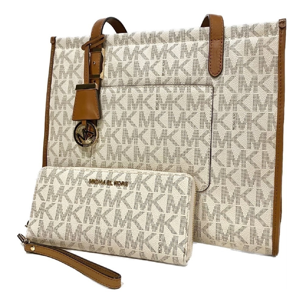 LIKE NEW - Michael Kors Darien Travel Tote Vanilla Acorn w/ Wallet
